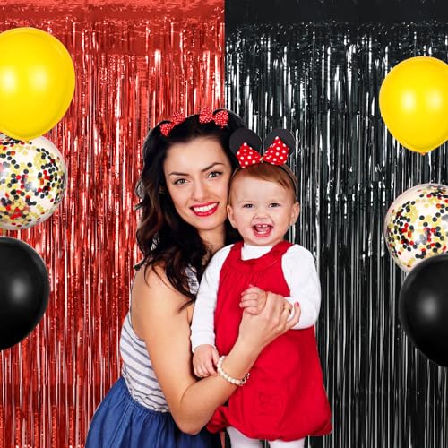 Image of BEISHIDA 4 Pcs Red and Black Door Streamers Foil Curtain Red and Black Party Decoration Backdrop for Casino Theme Scream Halloween Supplies Graduation Birthday Party Decorations (3.28 ft x 6.56 ft)