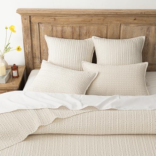 Image of Foindtower Set of 2 Decorative Cotton Waffle Weave Throw Pillow Covers Euro Shams Cushion Covers Accent European Pillowcase for Bed Couch Sofa Bedroom Living Room Home Decor 26x26 Inch Natural Beige