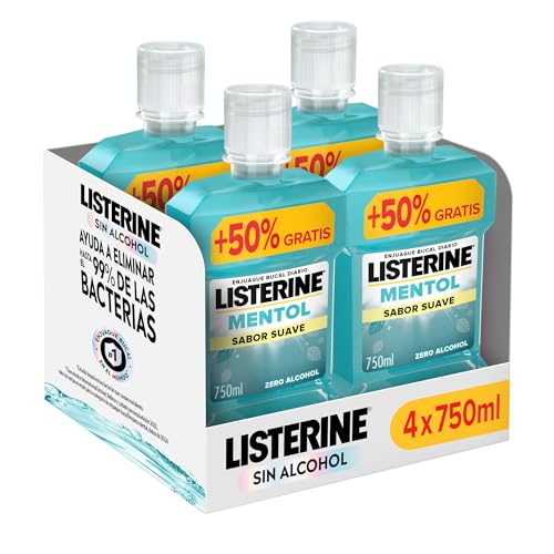 Listerine Mentol Sabor Suave (4x750 ml), enjuague bucal con flúor, colutorio encías con 24 h de protección y 0% alcohol, enjuague bucal sin alcohol para un aliento fresco