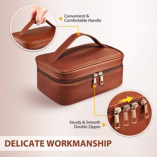Makeup Bags,Cosmetic Bag 3 Packs Travel Makeup Bag for Women Portable Makeup Bag Organizer Waterproof and Durable Makeup Bag for Purse with Gold Zipper PU Lather Brown - Thumbnail 3
