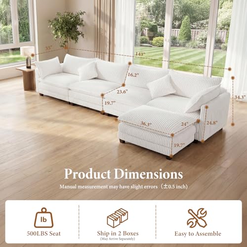 Image of Vesgantti 143 inch Modular Sectional Sofa for Living Room, Comfy Corduroy Upholstered L Shaped Modular Sectional Couches, Modern Cloud Couch with Ottoman Deep Seat, Warm White