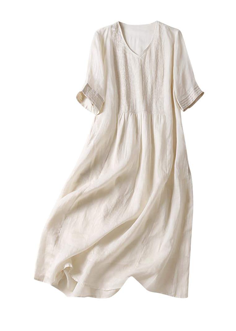 ORANDESIGNE Vestido Largo de Lino para Mujer Moda Cuello en V Manga Corta Color Sólido Verano Boho Midi Vestido Suelto Informal Retro Vestido Playa de Lino y Algodón Suelto