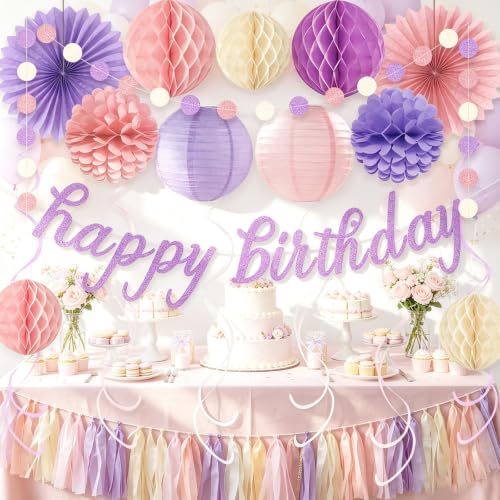 Image of Pink Purple Birthday Decorations for Women Girls, Pre-Strung, 24pcs | Happy Birthday Banner, Honeycomb Balls, Paper Flowers, Lanterns, Streamers, Dots Garland for Happy Birthday Party Decorations