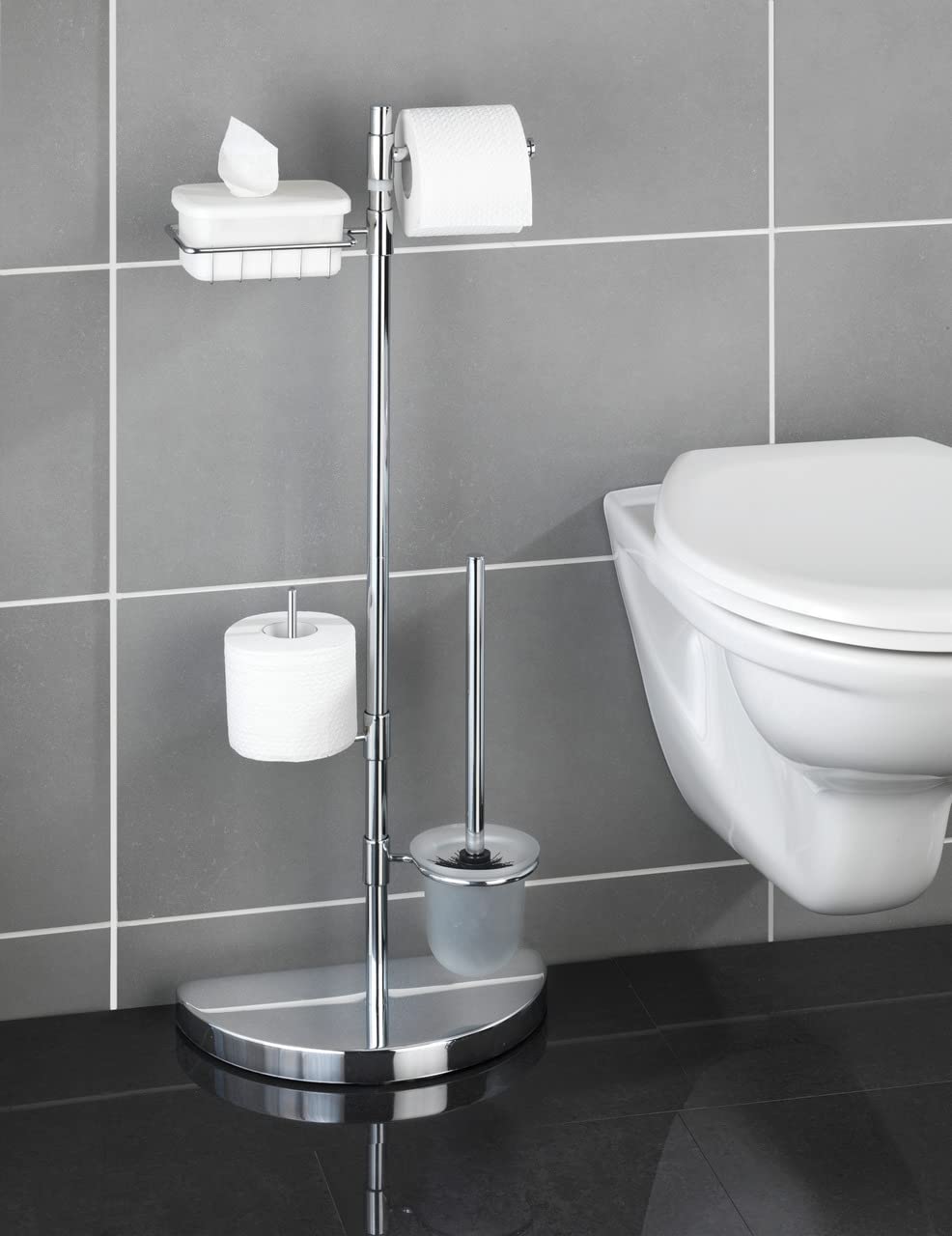WENKO Raumspar WC-Center, Ständer für Toilettenpapier & Toilettenbürste, WC-Papierhalter mit Ablage, stehender Rollenhalter inkl. Bürste, rostfreier Edelstahl, 34 x 84,5 x 18 cm