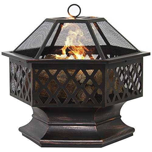 LIVIVO Hexagonal Fire Pit - Outdoor Oil Rubbed Bronze Fire Pit With BBQ Grill, Metal Poker Iron, Mesh Ember and Spark Guard Screen & Waterproof Storage Cover