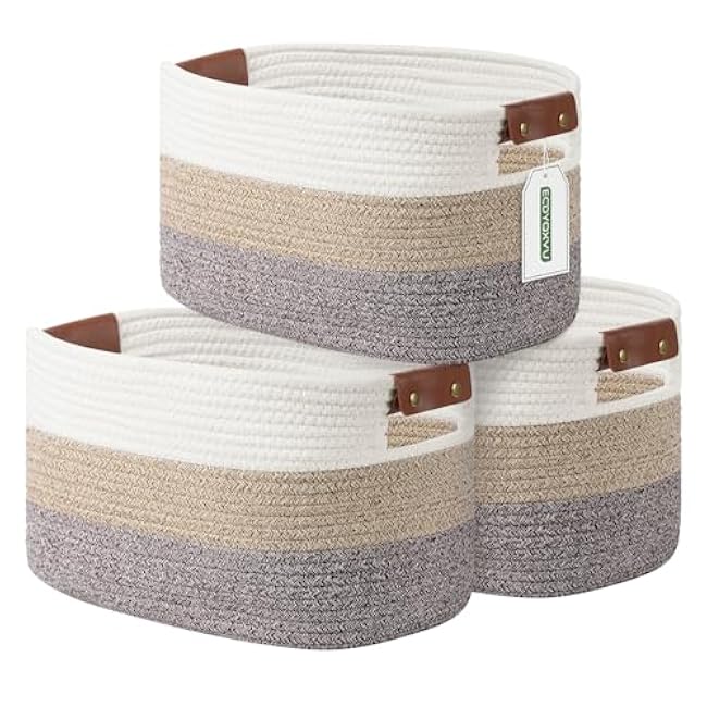 Cotton Rope Basket , Storage Baskets with Handle, 15x10x9 Inch Woven Basket for Shelves, Laundry, Towels, Clothes, Books, Toys (Black 1Pack)