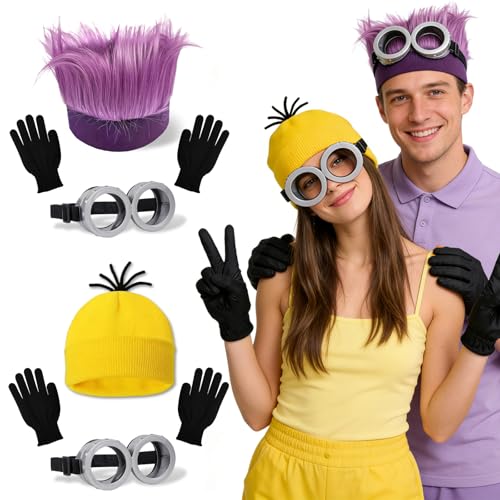 PeakPeek Partner Kostüme Fasching Faschingskostüme Paare Gelb-Lila Set mit Gelber Mütze Lila Haarreif Rundbrillen & Schwarzen Handschuhen Karneval Kostüm Partnerlook