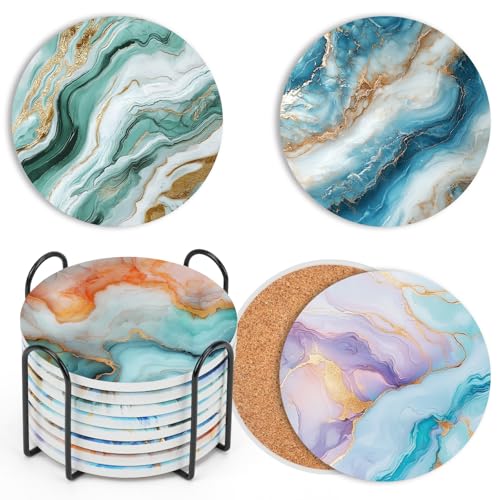 RETON Juego de 8 coaster de cerámica para bebidas, de mármol redondo, absorbente, con base de corcho y soporte, protector de mesa para mesa de café, decoración del hogar, regalos de inauguración de la