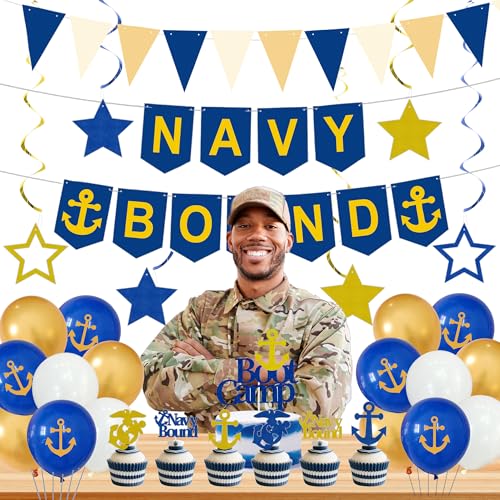 Image of Holkcog Navy Party Decorations, Blue White Military Themd Banner, Farewell Party Welcome Ceremony, Navy Bound Themed Cupcake Decorations, Boot Camp Bound Cupcake Topper Supply