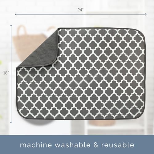 Image of S&T INC. Dish Drying Mat XL, 18 inch x 24 inch, Absorbent Microfiber Kitchen Counter Mat, Dish Drying Pad for Dishes, Utensils, Pots and Pans, Extra Large, Pewter Grey Trellis