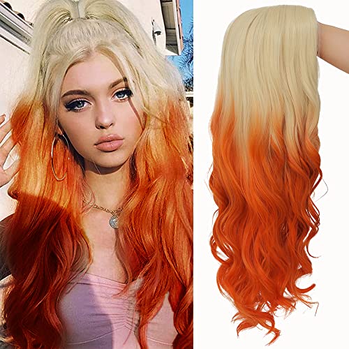 Image of Swiking Blonde Ombre Orange Long Curly Wig Oange Wave Wig Synthetic Middle Part Fluffy Hair Halloween Cosplay Party Costume Wigs