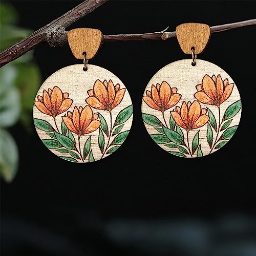 Handmade Bohemian Lightweight Round Wooden Sunflower Dangle Drop Earrings Vintage Boho Wood Geometry Flower Stud Earring for Women Statement2