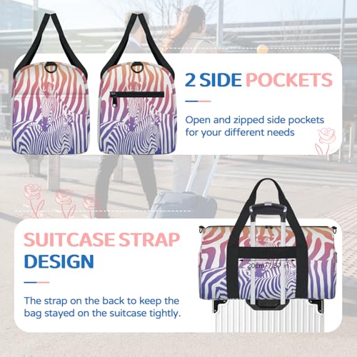 Colorful Zebra Pattern Sports Duffle Bag for Women Men Waterproof Overnight Weekender Bag with Adjustable Strap Travel Tote Bags for Beach Yoga Work Dance Swim4