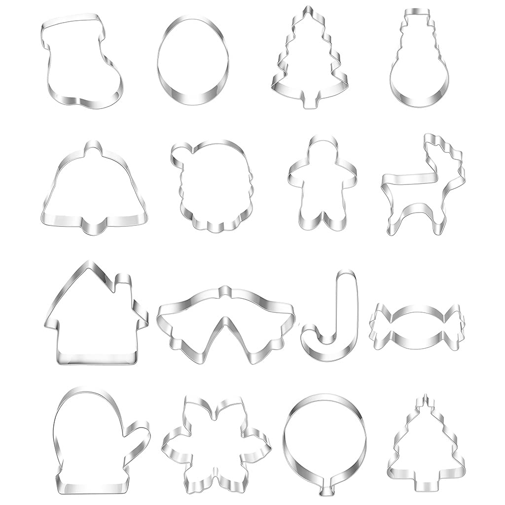 Tsophreniq 16 Pieces Christmas Shapes Cookie Pressable Biscuit Stamped Embossed for Molds for Baking Metal for Chocolate for Baking
