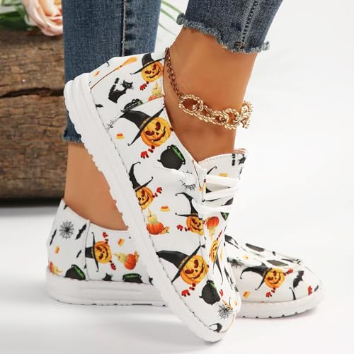 Women Halloween Pumpkin Print Canvas Loafers,Fashion Low Top Lace up Round Toe Slip-On Flats,Casual Comfortable Anti-Slip Walking Sneakers3