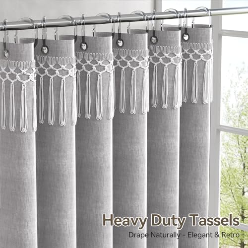 Image of AmazerBath Boho Shower Curtains for Bathroom, Farmhouse Shower Curtain Gray with Top Tassels, Light Grey Shower Curtain with 12 Hooks, Faux Linen Fabric Hotel Quality, 72x72 Inches