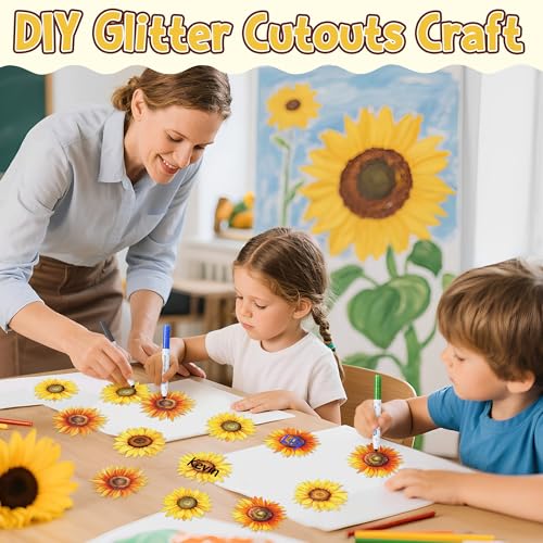 Image of Sunflowers Glitter Cutouts - 100Pcs Summer Flowers Shaped Cut-Outs Spring Paper Die Cut with Glue Points for Summer Holiday Party Baby Shower Home School Classroom Bulletin Border Wall Decorations