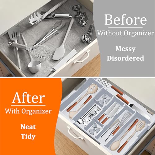 Large Utensil Drawer Organizer Expandable Silverware Organizer for Kitchen Drawer Adjustable Cooking Utensil Holder Cutlery Flatware Tray Spatula Tools Gadgets Storage Dividers Plastic Grey