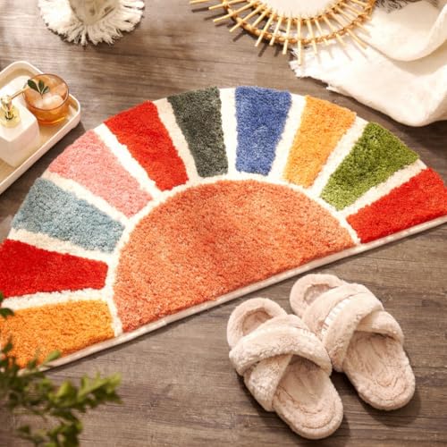 Image of Multicolor Semicircular Sun Design Bath Mat, Multicolour, Boho Style, Non-Slip Bathroom Rug Anti Slip Bath mat, Non Slip Bath mat Door mat for Bathroom(Semicircular)