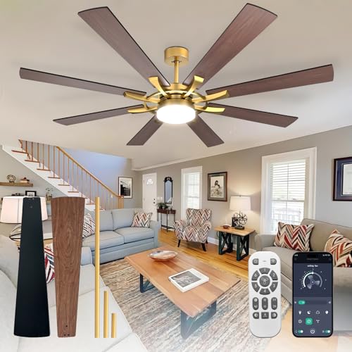 Image of Depuley 72-Inch Ceiling Fan with Light: Farmhouse 8-Blade Walnut and Gold Indoor Outdoor Fans with Remote App Control Dimmable Light - Ultra Quiet DC Motor Reversible 6 Speed Timer