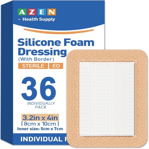 Image of AZEN 36 Pack Silicone Foam Dressing, 3.2 inch X 4 inch Waterproof Silicone Bandages with Border Adhesive, Large Bandages for Wounds, Self Adhesive Wound Care and Dressings