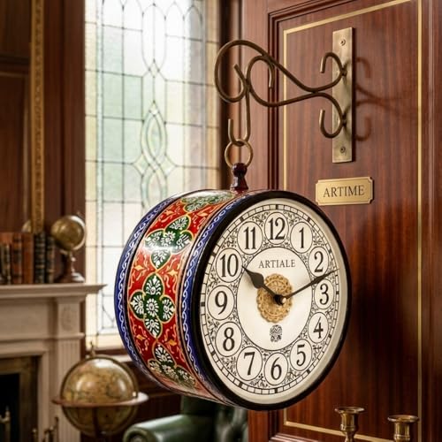 Image of Handcrafted Double Side Metal Analog Vintage Wall Clock | 1.5 Year Machine Warranty | 6 INCHES | 1 Side Number 1 Side Roman,Color (Multicolor)