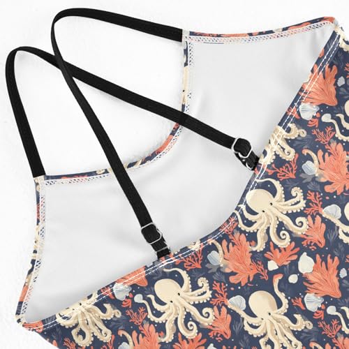 senya Girls Swimsuits One-Piece Swimwear Tie Bathing Suit Beach Summer Round Neck 7-8T Octopus Coral Shell Pattern4