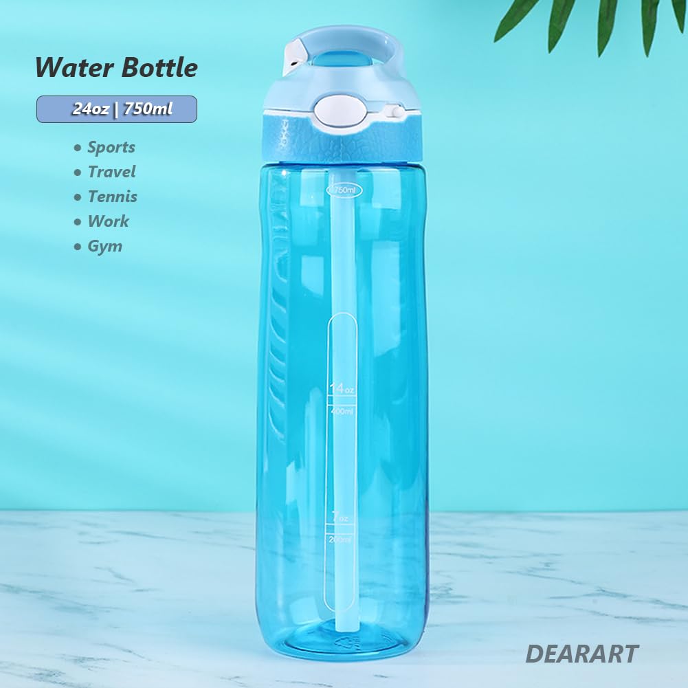 DEARART pack de 2 bouteilles d'eau de paille de 750ml sans Bisphénol a flip - up transparent avec poignée pour une portabilité facile pour la maison/bureau/voyage/école, Bleu clair & noir