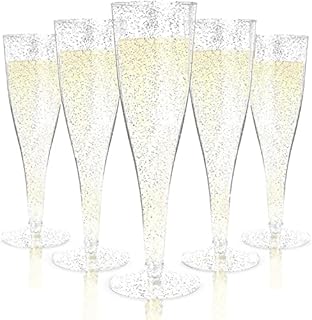 LATERN 60Pcs Plastic Champagne Flutes, 150ml Silver Glitter Champagne Glasses Reusable Stemmed Party Wine Cups for Garden Wedding Anniversary Shower Parties (5 x 17cm)