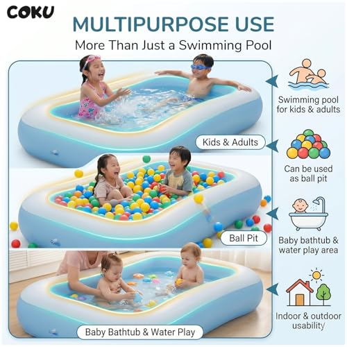 Image of Coku Inflatable Swimming Pool for Kids & Adults | Portable Foldable Rectangular Pool with Thick PVC Material | Swimming Pool for Kids 1-5 Years | Family Backyard Water Pool (5.5 Feet, Multicolor)