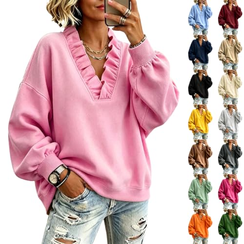 Womens V Neck Sweatshirt Ruffled Oversized Fleece Pullover Sweatshirts | Loose Fit, Women's Sweatshirts No Hood, Drop Shoulder, Long Sleeve Fall Tops, Sweat Shirt, Cozy, Pullover Sweaters, Work - image 1