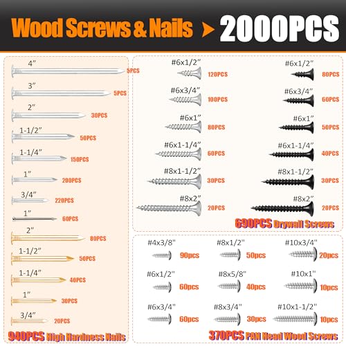 Image of Dianrui 2000 PCS High Hardness Nails & Wood Screws & Sheet Metal Screws Assortment Kit,Phillips Drive Flat & Pan Head Wood Screws Set for Picture Hanging /Wood /DIY with Storage Box