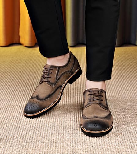 Men's Suede Leather Wingtip Vintage Oxfords Low Top Lace-Up Low Block Heel Carved Brogue Dress Derby Shoes for Casual Business4