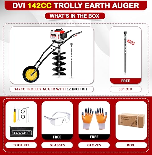 Image of DVI 142CC Trolley Earth Auger Machine, 4-Stroke Petrol Engine - with 12 Inch Double Spiral Planter Bits & Free Extension Rod | for Plantation, Fencing & Post Hole Digging in All Soil Types.