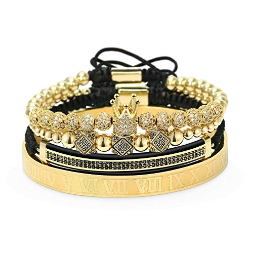 Imperial Crown King 18K Gold CZ Beads Bracelets Luxury Charm Fashion Bangle Royal Stacked Bracelet Set for Men Women With Luxury Box