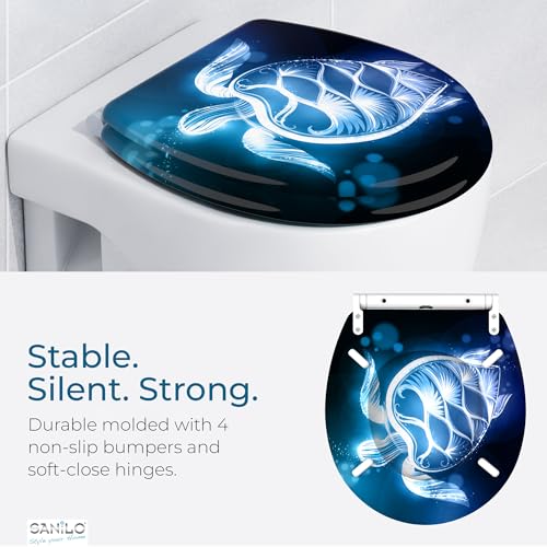 Image of Sanilo Wooden Toilet Seat with Quick Release & Soft Close [ROUND] - Decorative & Slow Close Molded Wood Seat - With One Click for Easy Installation & Cleaning - With Adjustable Fit (Glow Turtle)