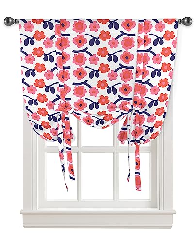 Yukro Tie Up Curtains Window Shades, Lovely Pink Flower Navy Blue Branch Leaves Rod Pocket Tie Up Window Shade, Adjustable Balloon Curtain Shade for Blinds Kitchen Bathroom, 1 Panel, 46