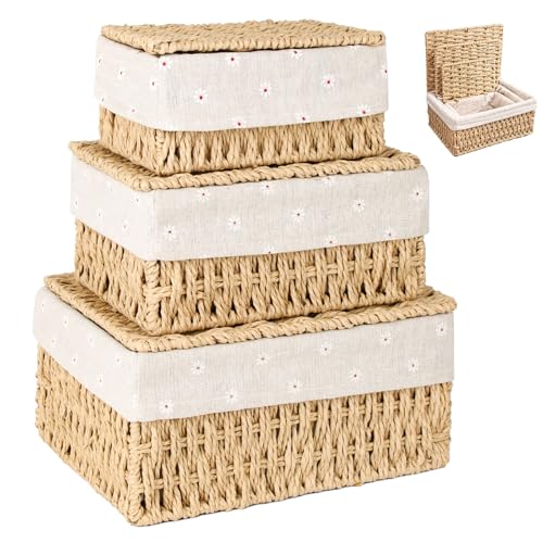 ZHYOPING Zestaw 3 Koszyków do Przechowywania z Pokrywką – Koszyki Pleciony z Liny Papierowej, Boho Decor, 3 Rozmiary (Mały, Średni, Duży), Idealne do Łazienki, Salonu i Sypialni