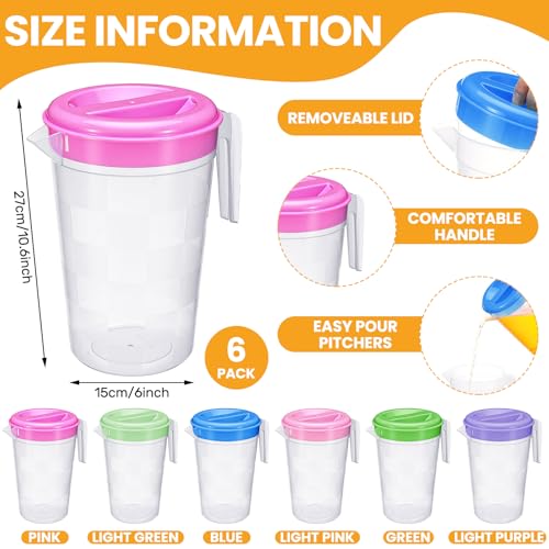 Honeydak 6 Pcs Round Clear Plastic Pitcher with Lid & Handle for Water Iced Tea Beverages (6 Packs Assorted Color) Jarras Para Aguas Frescas Plastic Pitcher for Easy Pouring