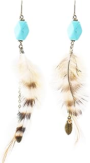 Feather Earrings for Women Bohemian Long Tassel Earrings for Teen Girls Handmade Natural Feather Dangle Drop Earrings White Turquoise Gradient Feather Earrings Boho Jewelry Gifts