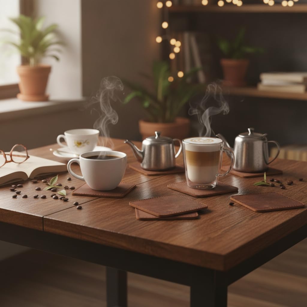 Set of 6 Coaster (3.5 inch) Geniune Leather Tea Coasters for Hot Water, Coffee, Beverage Beer Tea Cup Wine Luxarious Home Decor Coaster Dark Brown Square Shape