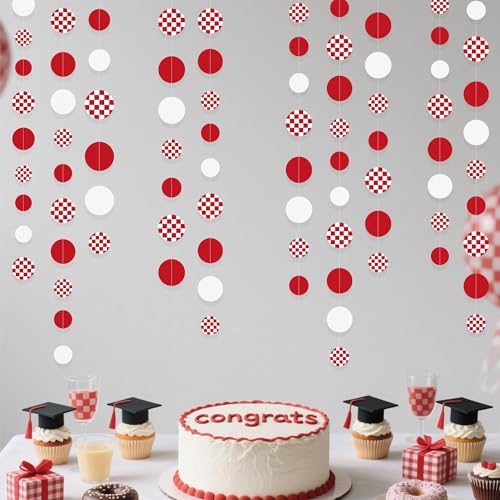 Image of Red Party Decorations White Red Checkered Circle Dots Streamer Hanging Paper Polka Dot Garland for Birthday Wedding Shower Bachelorette Christmas Carnival Circus Picnic Party Decorations Supplies