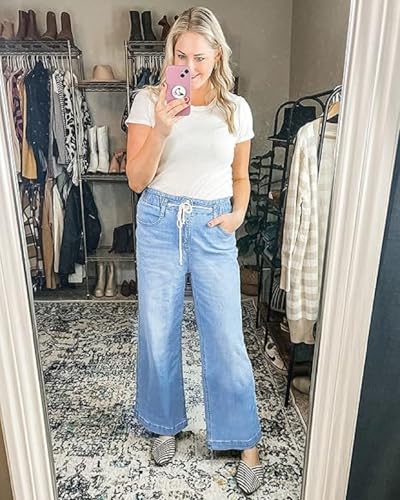 Huang's Women's Wide Leg Elastic Drawstring Denim Pants, ‌Casual Loose Fit Flared Jeans, Straight and Stretchy Trousers2