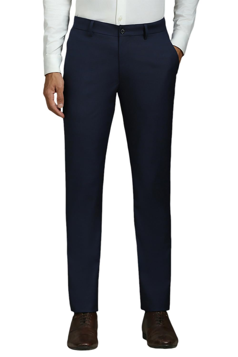 louis philippe Men Navy Slim Tapered Fit Check Flat Front Formal Trousers-picture-12