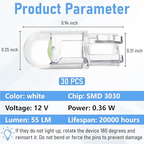 Image of ecocstm 30 PCS Car 194 LED Bulbs, 168 2825 W5W T10 Wedge COB LED Replacement Bulb, Error Free Interior Bulb for Dashboard Light, Dome Lights (Ice Blue)
