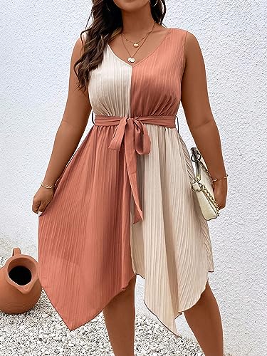 Image of SOLY HUX Women's Plus Size Color Block Dress V Neck Sleeveless A Line Asymmetrical Hem Belted Dresses