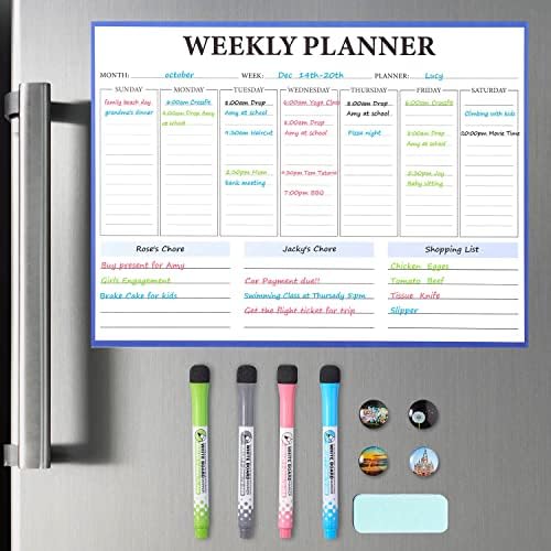 Dry Erase Board Calendar for Fridge - Weekly Magnetic Calendar for Refrigerator, Weekly Planner Schedule Board for Family, 4 Erasable Pens & 4 Cute Glass Magnets, 1 Eraser