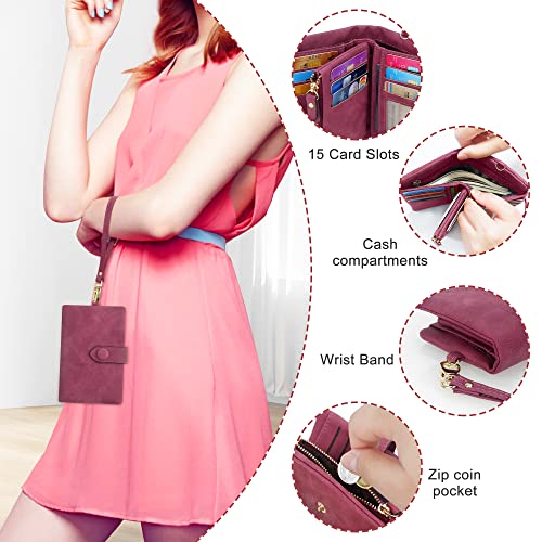 RFID Blocking Wallets for Women, Large Capacity Soft Leather Womens Small Wallet with Wrist Strap (Purple)2