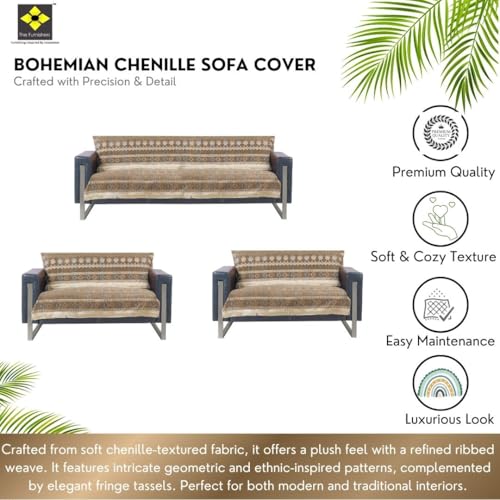 Image of Elegant Woven Brown Sofa Cover Soft Chenille Traditional Pattern with Lace Style | L-Shape Sectional Seat Protector for Living Room | Durable & Stylish Slipcover 7 Seater Sofa Cover