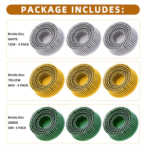Image of 9 Pack 2 Inch Bristle Disc Grit 50# 80# 120# Attachment Abrasive Coating Removal Disc for Metal (9, 2 inch)